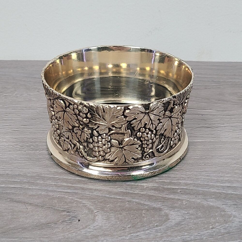 Vintage Silver Toned Wine Champagne Bottle Coaster Leaves Grapes